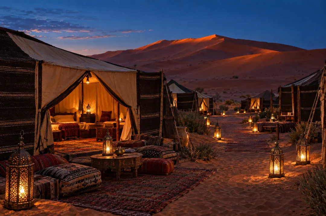 Un bivouac illuminé de lanternes à l’heure bleue, au pied des dunes.