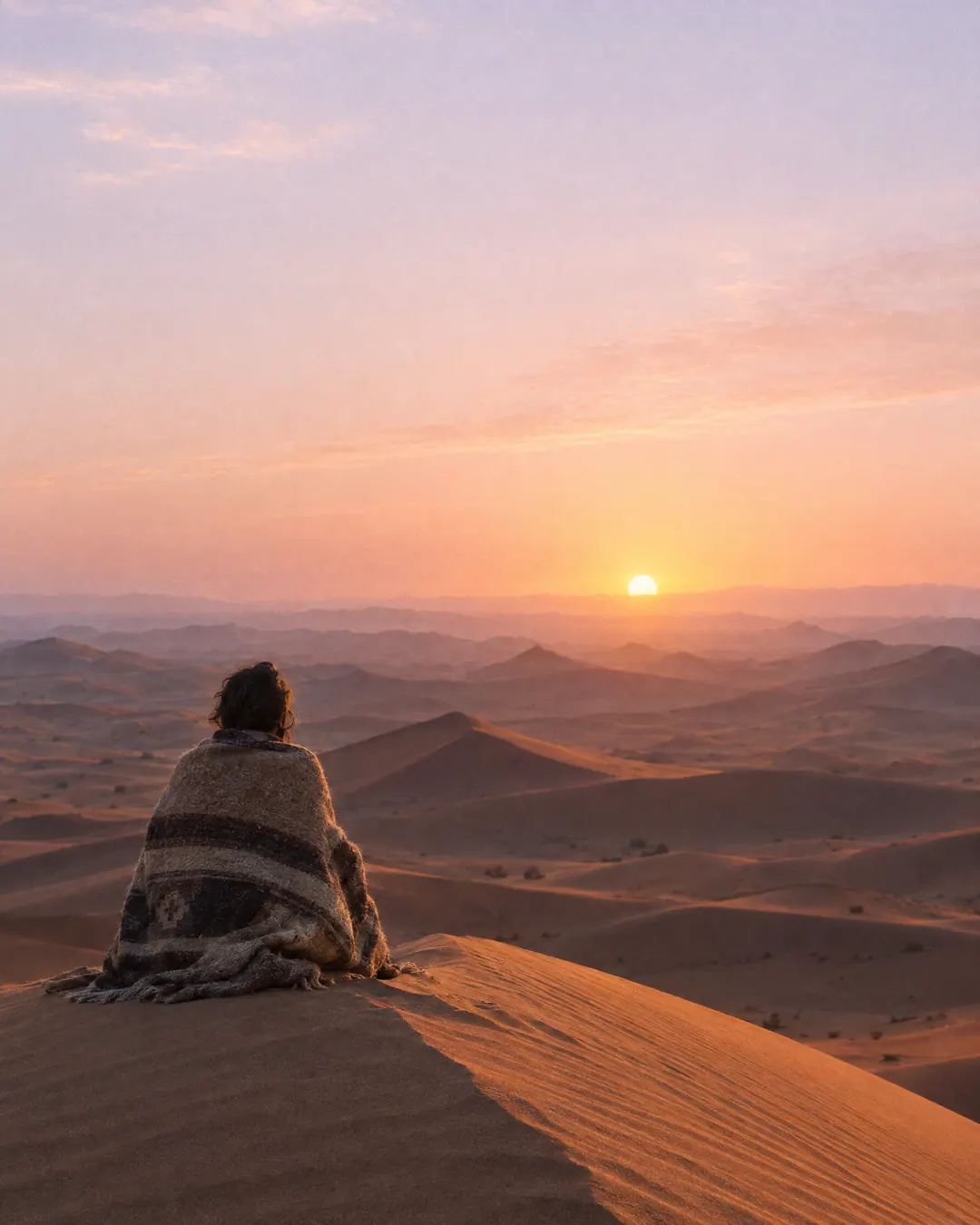 Une personne enveloppée d’une couverture contemple le lever du soleil depuis le sommet d’une dune.