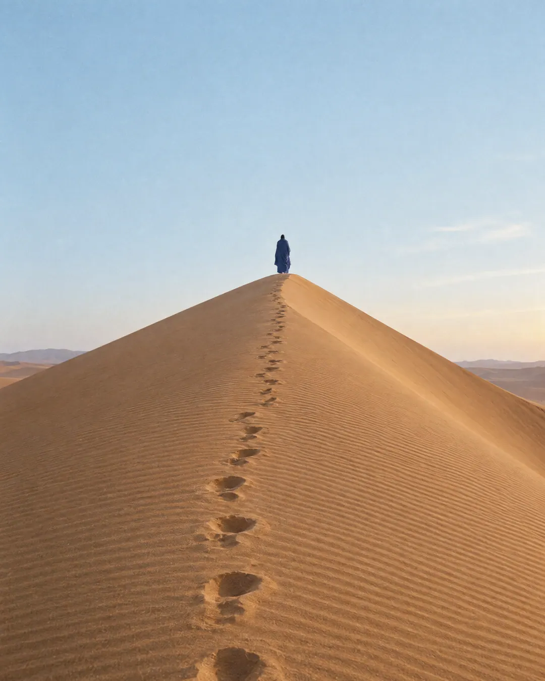 Des empreintes de pas montent vers la crête d’une haute dune, où se tient une silhouette drapée d’indigo.