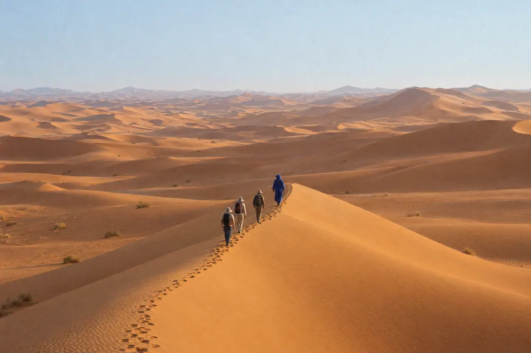 Une file de marcheurs suit la crête d’une dune, derrière un guide vêtu d’indigo.