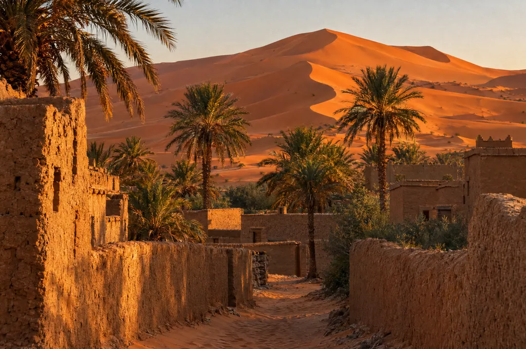 Murs de terre et palmiers à la lisière de Merzouga, dominés par les dunes orangées.