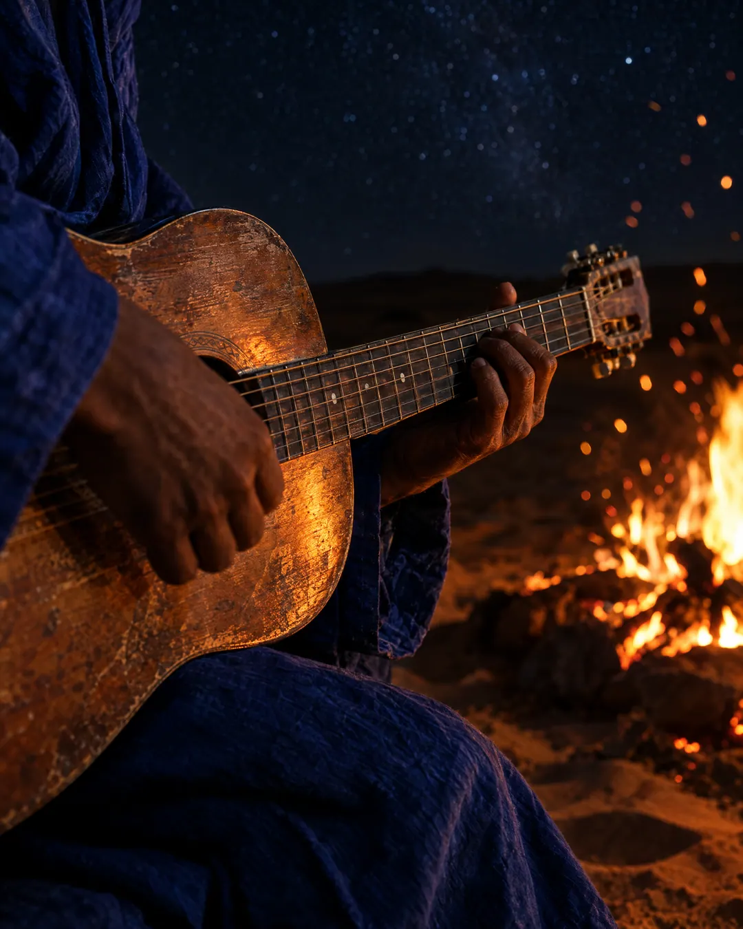 Des mains jouent de la guitare près d’un feu de camp, la nuit, dans le désert.
